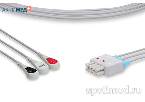 NKB3-90S-I, Кабель пациента электрокардиографический для подключения пациента к монитору (отведения), Nihon Kohden, трехэлектродный: отведения (I,II,III), 0.9м, кнопочный тип, IEC