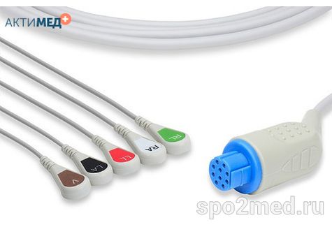 2595S-I, Кабель пациента электрокардиографический для подключения пациента к монитору (единый), Datex Ohmeda, пятиэлектродный: отведения (I,II,III, aVR, aVL), 3.4м, кнопочный тип, IEC