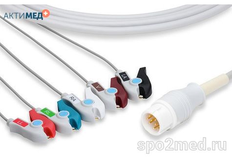 2585P-I, Кабель пациента электрокардиографический для подключения пациента к монитору (единый), Philips, пятиэлектродный: отведения (I,II,III, aVR, aVL), 3.4м, тип "прищепка", IEC