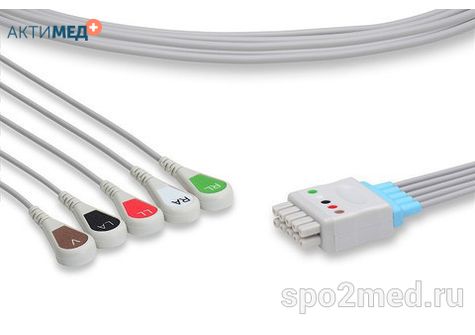 MQ5-90S-I, Кабель пациента электрокардиографический для подключения пациента к монитору (отведения), Marquette, пятиэлектродный: отведения (I,II,III, aVR, aVL), 0.9м, кнопочный тип, IEC
