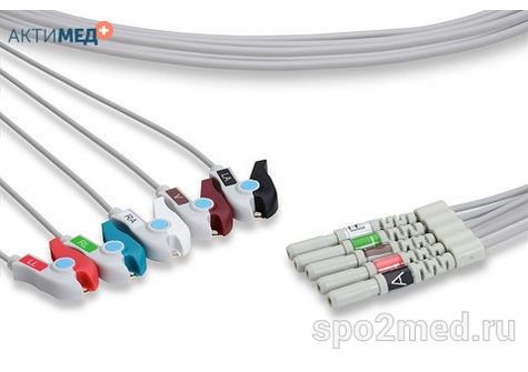 D5-100P-I, Кабель пациента электрокардиографический для подключения пациента к монитору (отведения), AAMI, пятиэлектродный: отведения (I,II,III, aVR, aVL), 1.0м, тип "прищепка", IEC, Din