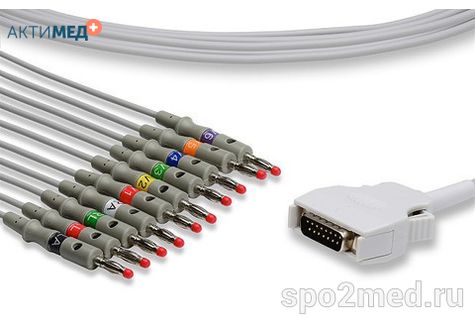 E10R-MT-B/I, Кабель пациента электрокардиографический для подключения пациента к монитору (единый), Mortara, двенадцатиэлектродный, 10 отведений, 3.4м, тип "банан"