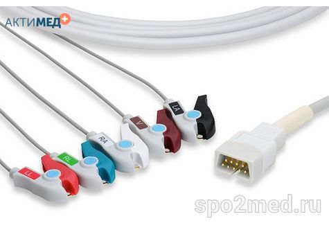 2510P-I, Кабель пациента электрокардиографический для подключения пациента к монитору (единый), MEK, пятиэлектродный: отведения (I,II,III, aVR, aVL), 3.4м, тип "прищепка", IEC