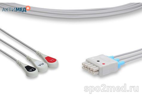 MQ3-90S-I, Кабель пациента электрокардиографический для подключения пациента к монитору (отведения), Marquette, трехэлектродный: отведения (I,II,III), 0.9м, кнопочный тип, IEC
