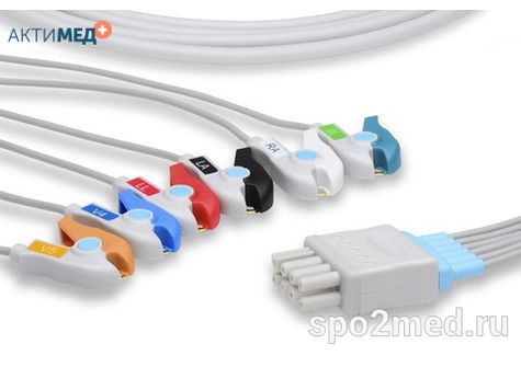 NKB6-90P-I, Кабель пациента электрокардиографический для подключения пациента к монитору (отведения), Nihon Kohden, пятиэлектродный: отведения (I,II,III, aVR, aVL), 0.9м, тип "прищепка", IEC