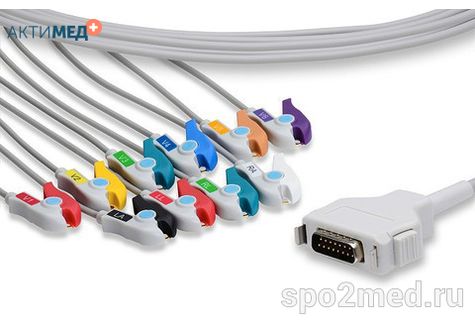 E10R-FD1-P/I, Кабель пациента электрокардиографический для подключения пациента к монитору (единый), Fukuda Denshi, двенадцатиэлектродный, 10 отведений, 3.4м, тип "прищепка"
