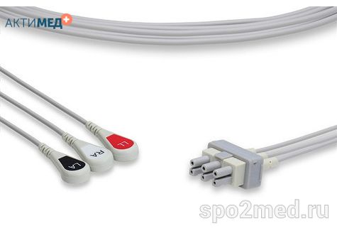 AA3-90S-I, Кабель пациента электрокардиографический для подключения пациента к монитору (отведения), Philips, трехэлектродный: отведения (I,II,III), 0.9м, кнопочный тип, IEC