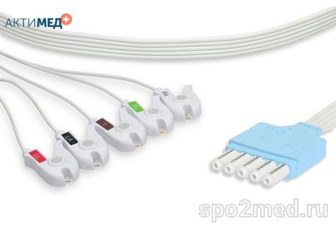 HPA5-90P-I, Кабель пациента электрокардиографический для подключения пациента к монитору (отведения), Philips, пятиэлектродный: отведения (I,II,III, aVR, aVL), 0.9м, тип "прищепка", IEC