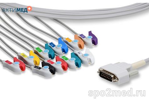 E10R-NK2-P/I, Кабель пациента электрокардиографический для подключения пациента к монитору (единый), Nihon Kohden, двенадцатиэлектродный, 10 отведений, 3.4м, тип "прищепка"