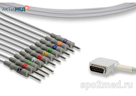 E10R-KZ2-N/I, Кабель пациента электрокардиографический для подключения пациента к монитору (единый), Kenz, двенадцатиэлектродный, 10 отведений, 3.4м, тип "игла"