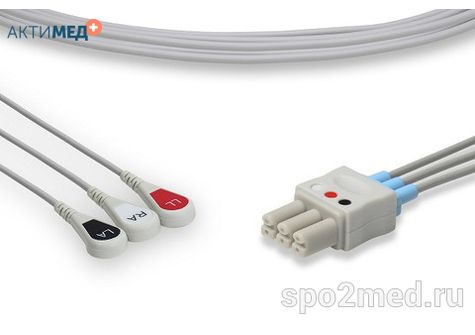 SM3-90S-I, Кабель пациента электрокардиографический для подключения пациента к монитору (отведения), Draeger/Siemens, трехэлектродный: отведения (I,II,III), 0.9м, кнопочный тип, IEC